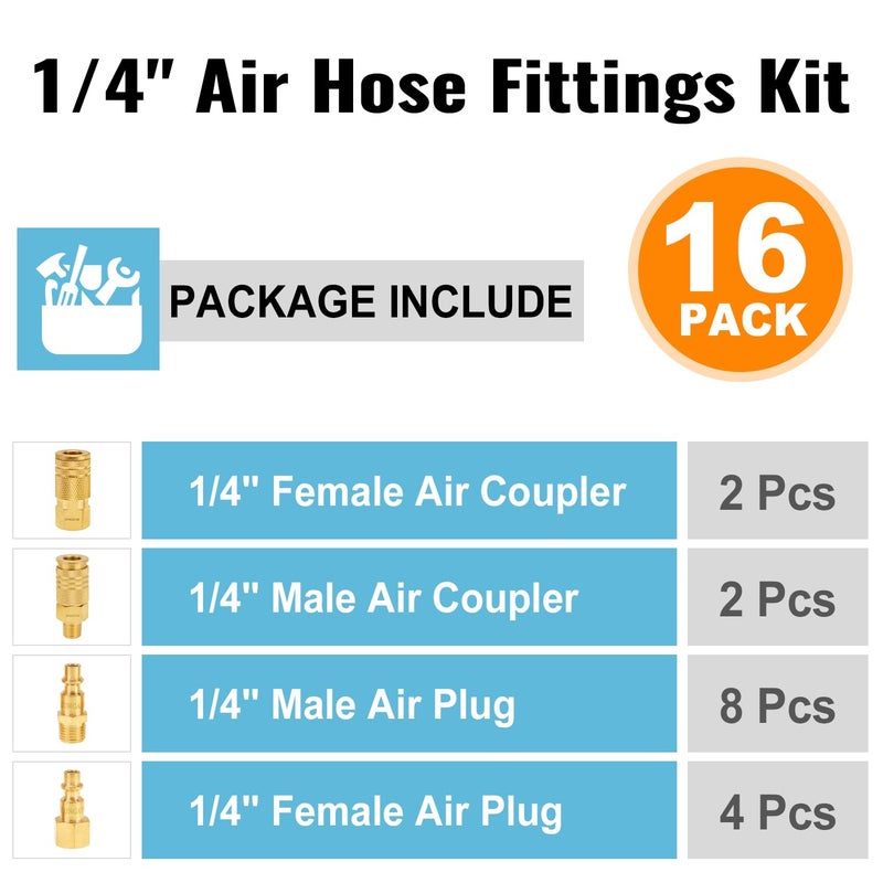 SUNGATOR Air Hose Fittings 1/4" NPT, 16-Piece Solid Brass Quick Connect Air Line Fittings, 1/4 Inch Compressor Accessories, Coupler and Plug Kit, 1/4'' Quick Connect Hose Repair Kit - Image 2